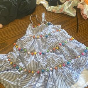 2Tstripped toddler girl dress with little colorful puffs